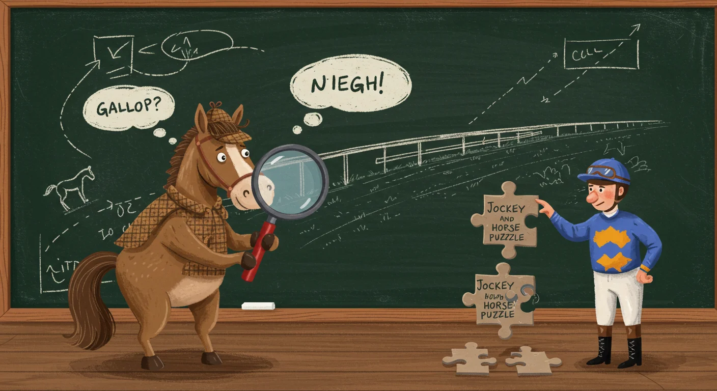 125+ Horse Riddles & Answers: Neigh-sayer Fun 3 Cartoon horse in detective outfit with magnifying glass next to jockey with puzzle pieces on a chalkboard