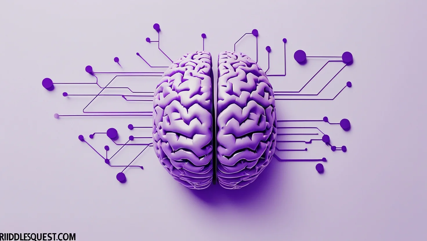 Purple 3D brain model with circuit-like neural connections extending outward on a light background