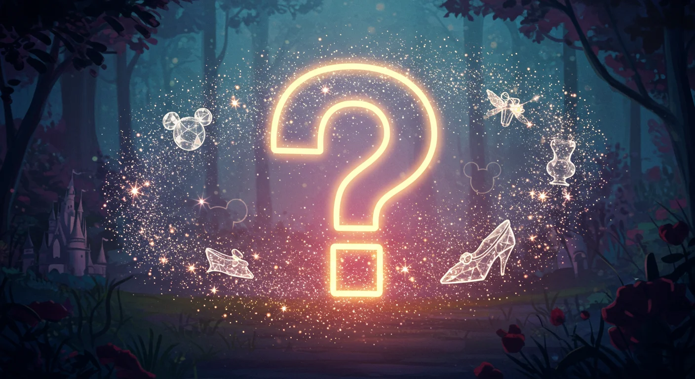 150+ Disney Riddles: The Ultimate Collection of Disney Riddles 3 Glowing question mark surrounded by Disney-themed silhouettes in an enchanted forest