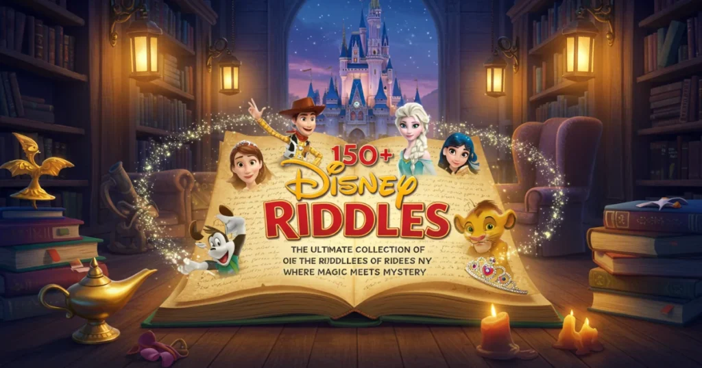 Magical open book featuring Disney characters and 150+ riddles with Cinderella Castle in background