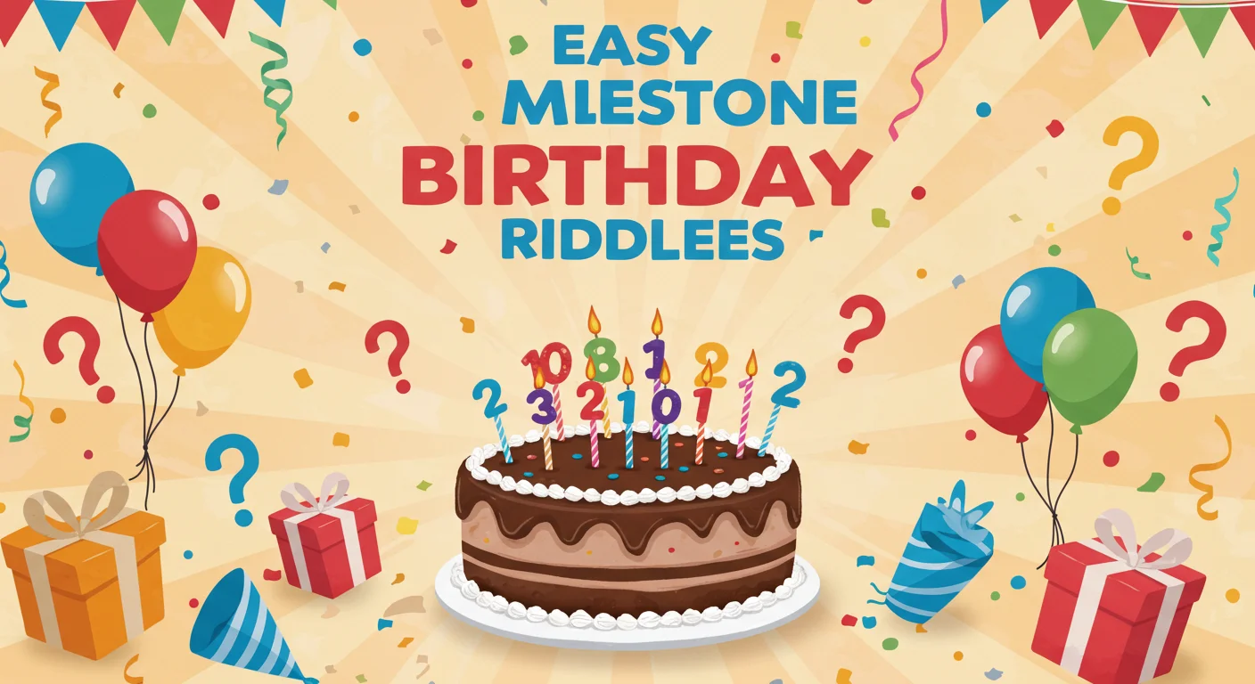 45 Milestone Birthday Riddles: Celebrating Life 1 Chocolate birthday cake with numbered candles surrounded by balloons, gifts, and party decorations