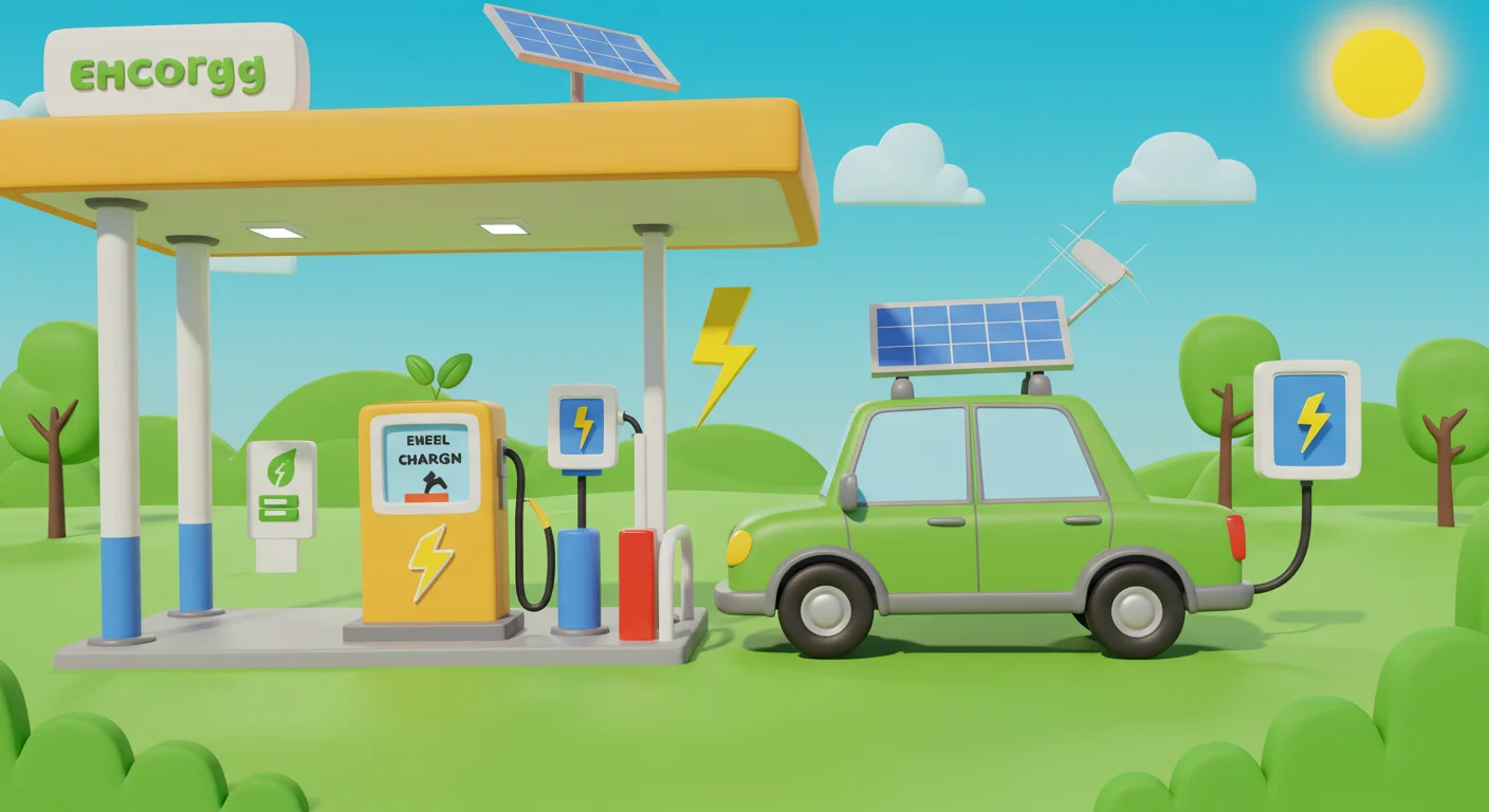150+ Fun Car Riddles with Answers to Solve On the Go 13 3D cartoon electric car with solar panels at EHCorgg charging station