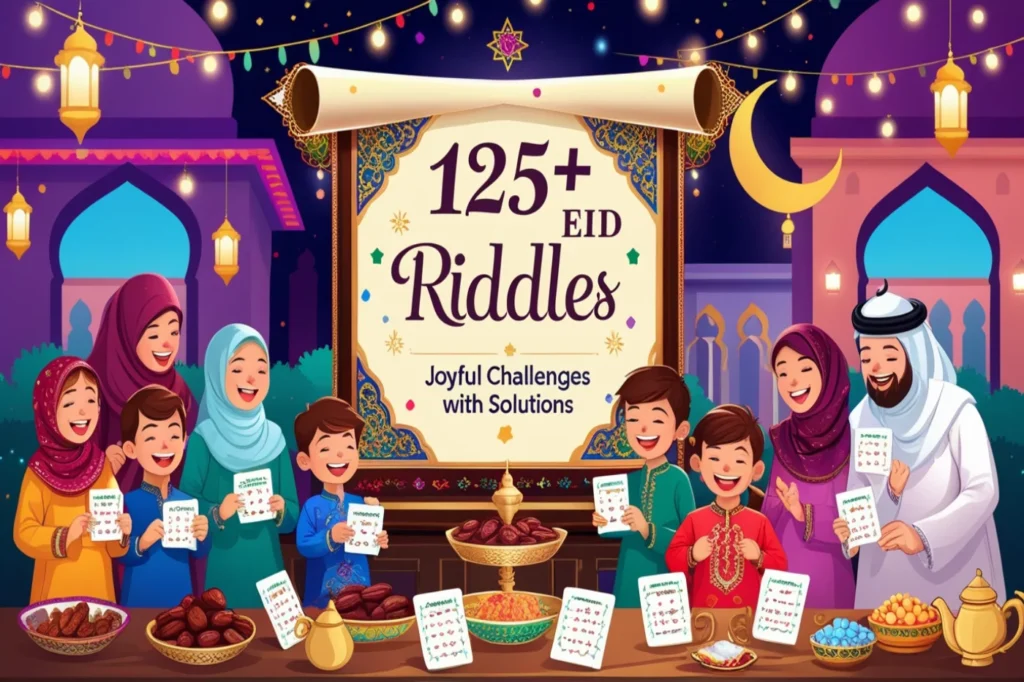 Cartoon illustration of a happy Muslim family playing Eid Riddles games during Eid celebration with festive decorations and traditional foods