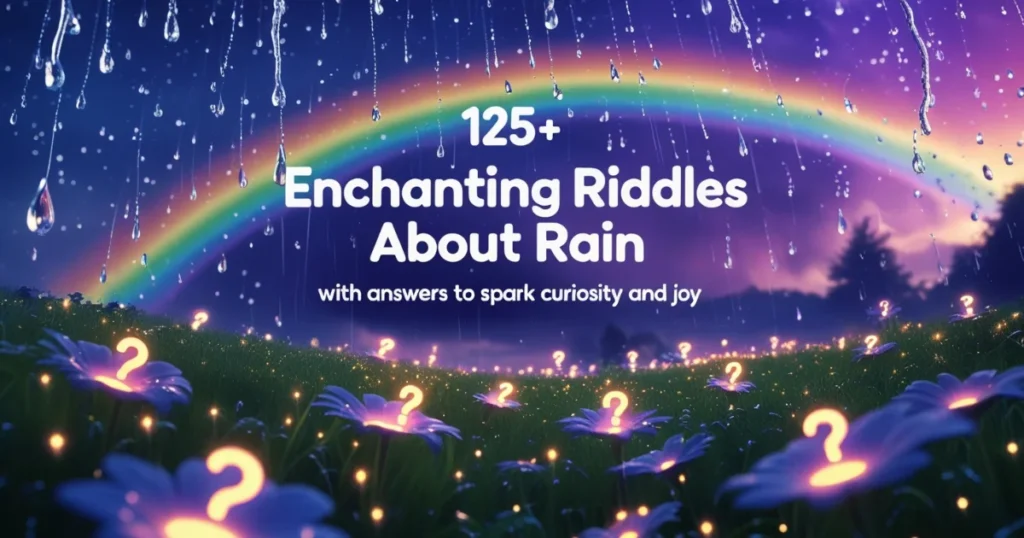 Colorful rainbow arching over rainy scene with glowing question marks and text reading "125+ Enchanting Riddles About Rain"
