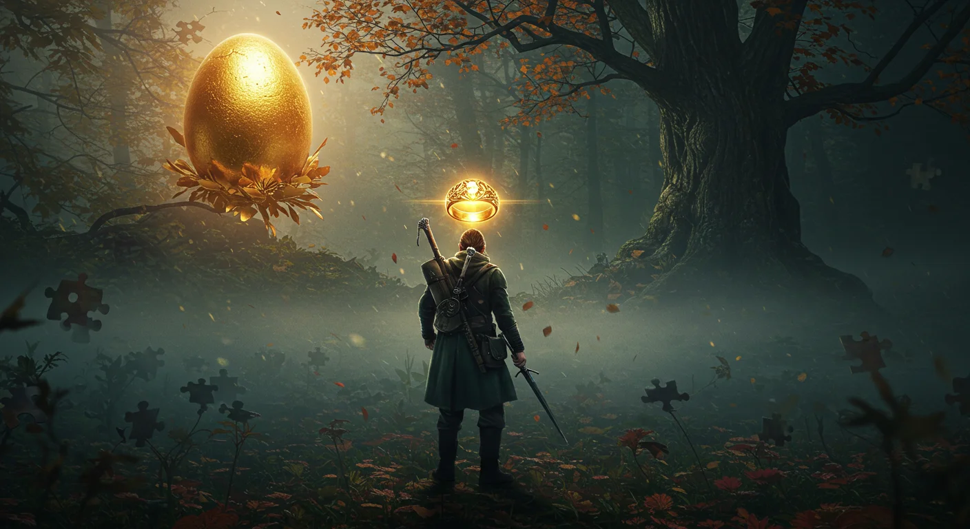 150+ Confusing Riddles and Answers to Stump Your Friends 7 A figure with a sword facing a glowing golden egg and ring in a misty autumn forest with puzzle pieces