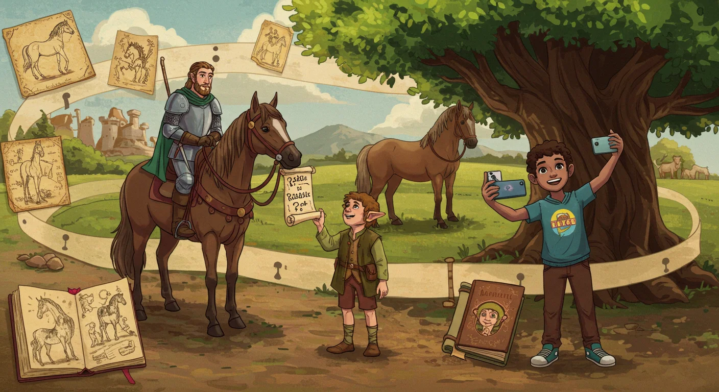 125+ Horse Riddles & Answers: Neigh-sayer Fun 4 Fantasy illustration of a knight on horseback, a halfling with a riddle scroll, and a modern child taking photos in a meadow with horses