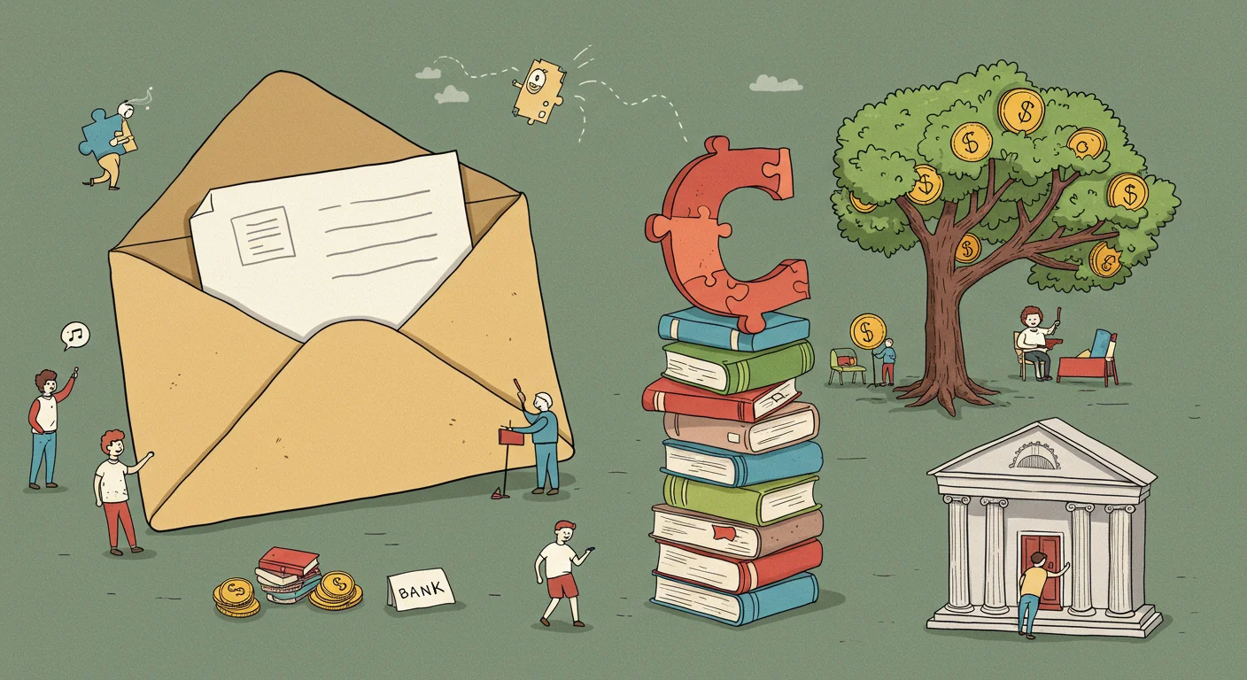 150+ Confusing Riddles and Answers to Stump Your Friends 11 Illustrated concept of financial education showing envelope, books, money tree, bank and puzzle pieces