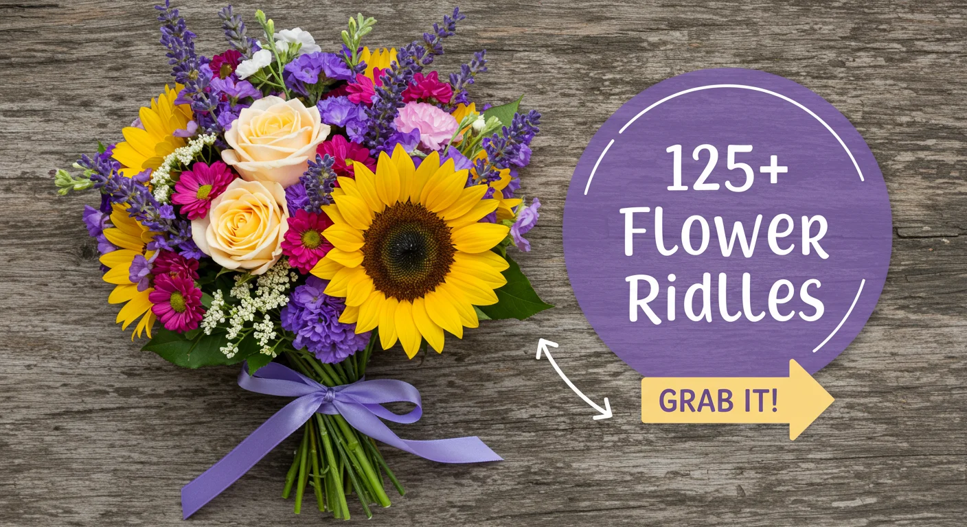 125+ Flower Riddles & Answers: Solved With Blooming Wisdom 5 Vibrant mixed flower bouquet with sunflowers, roses and lavender tied with purple ribbon next to '125+ Flower Riddles' promotional graphic