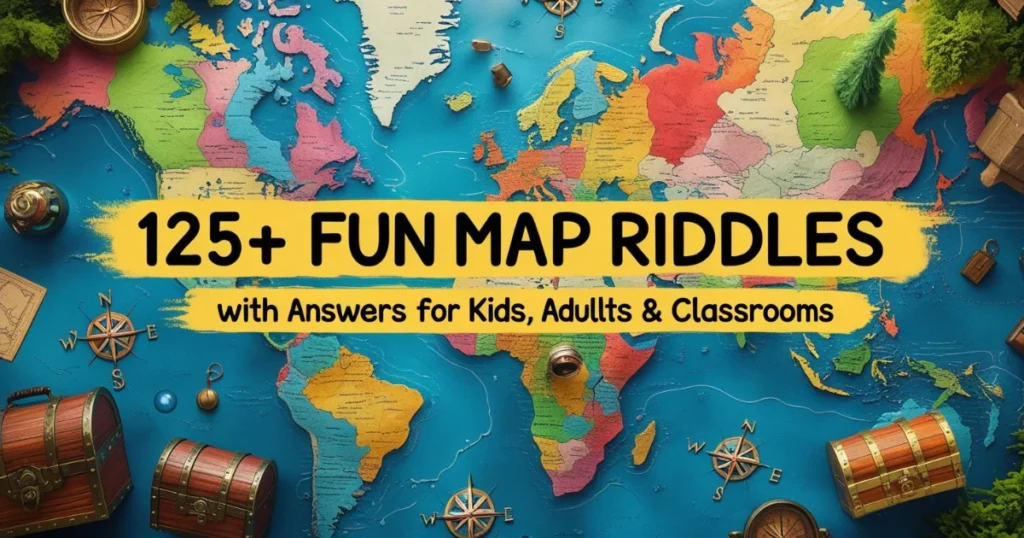 Colorful world map with treasure chests and compass illustrations featuring 125+ map riddles for educational use