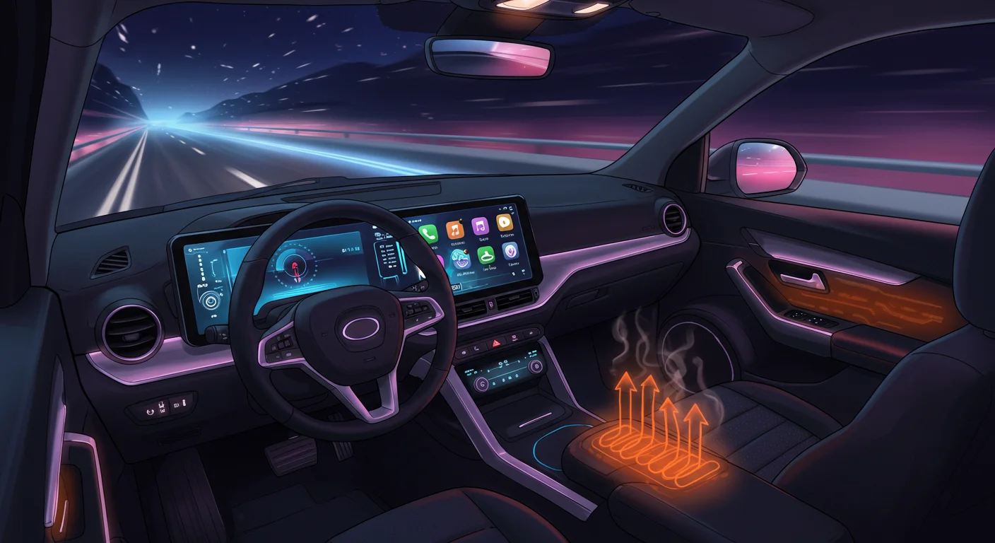 150+ Fun Car Riddles with Answers to Solve On the Go 9 Futuristic car interior with digital dashboard, ambient purple lighting, and heated seat visualization
