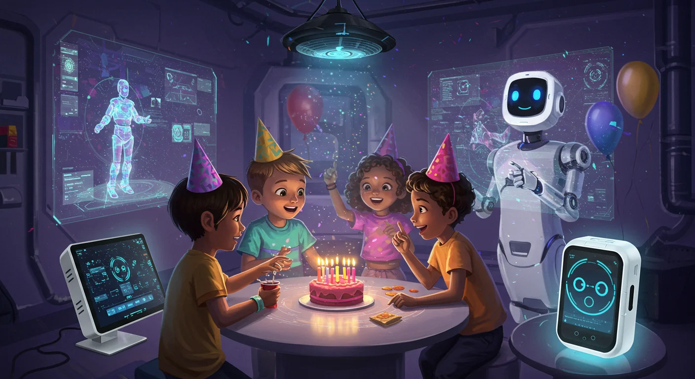 45 Modern Birthday Riddles: Technology and Pop Culture Twists 7 Children celebrating birthday with humanoid robot and holographic displays