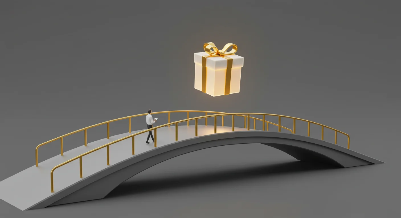 125+ Clever Bridge Riddles: Logical Challenges with Solutions 12 Person walking across curved bridge toward floating glowing gift box with gold ribbon