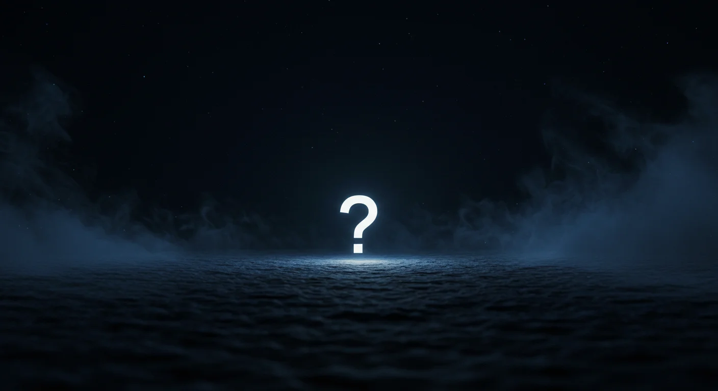 Illuminated question mark hovering over dark water under stormy night sky