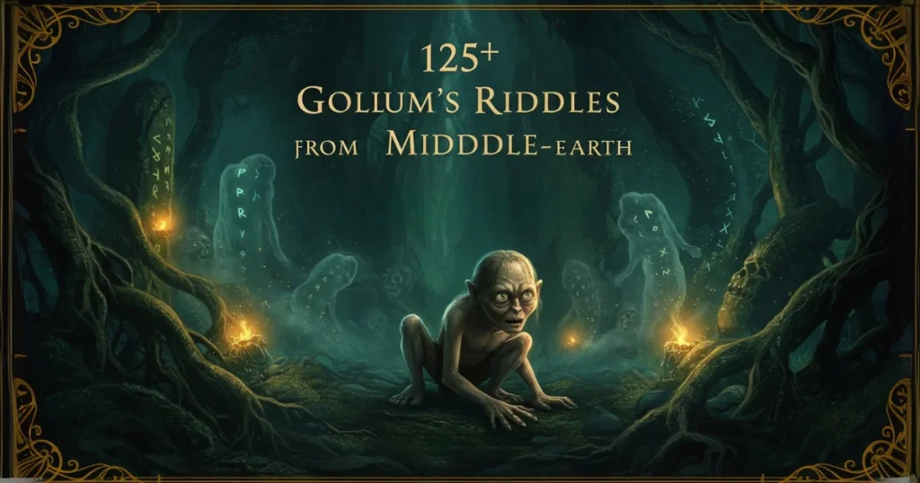 Gollum crouching in a dark cave surrounded by mystical lights and ancient runes with text "125+ Gollum's Riddles from Middle-earth"