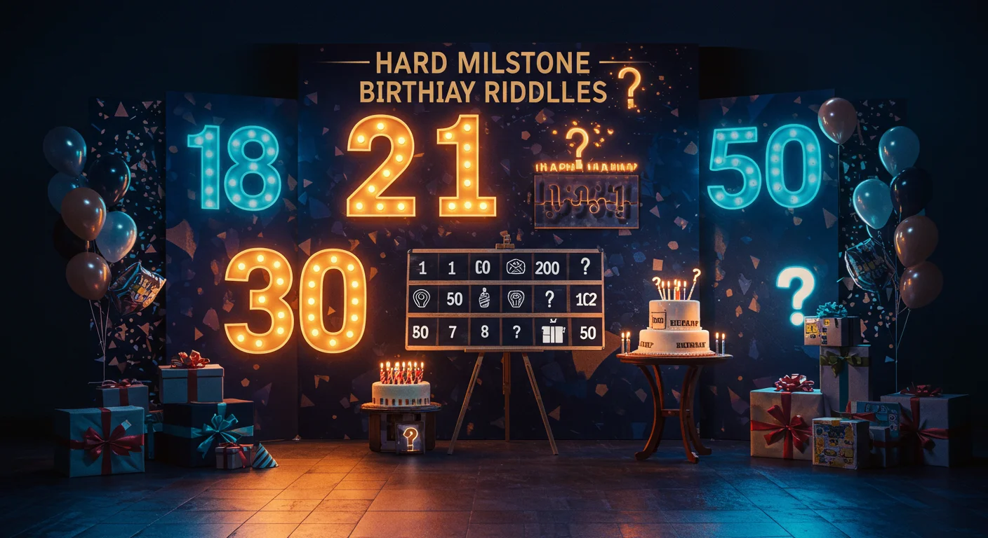45 Milestone Birthday Riddles: Celebrating Life 3 Illuminated milestone birthday numbers 18, 21, 30, 50 with riddle board, cakes, and presents in blue lighting
