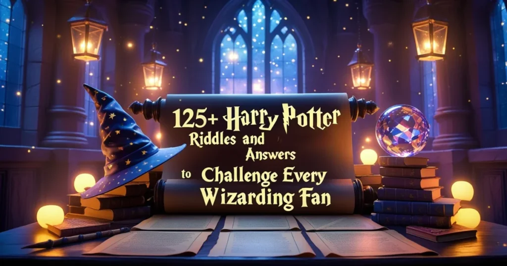 Magical scroll with "125+ Harry Potter Riddles and Answers to Challenge Every Wizarding Fan" in Hogwarts-inspired setting with wizard hat and glowing orb