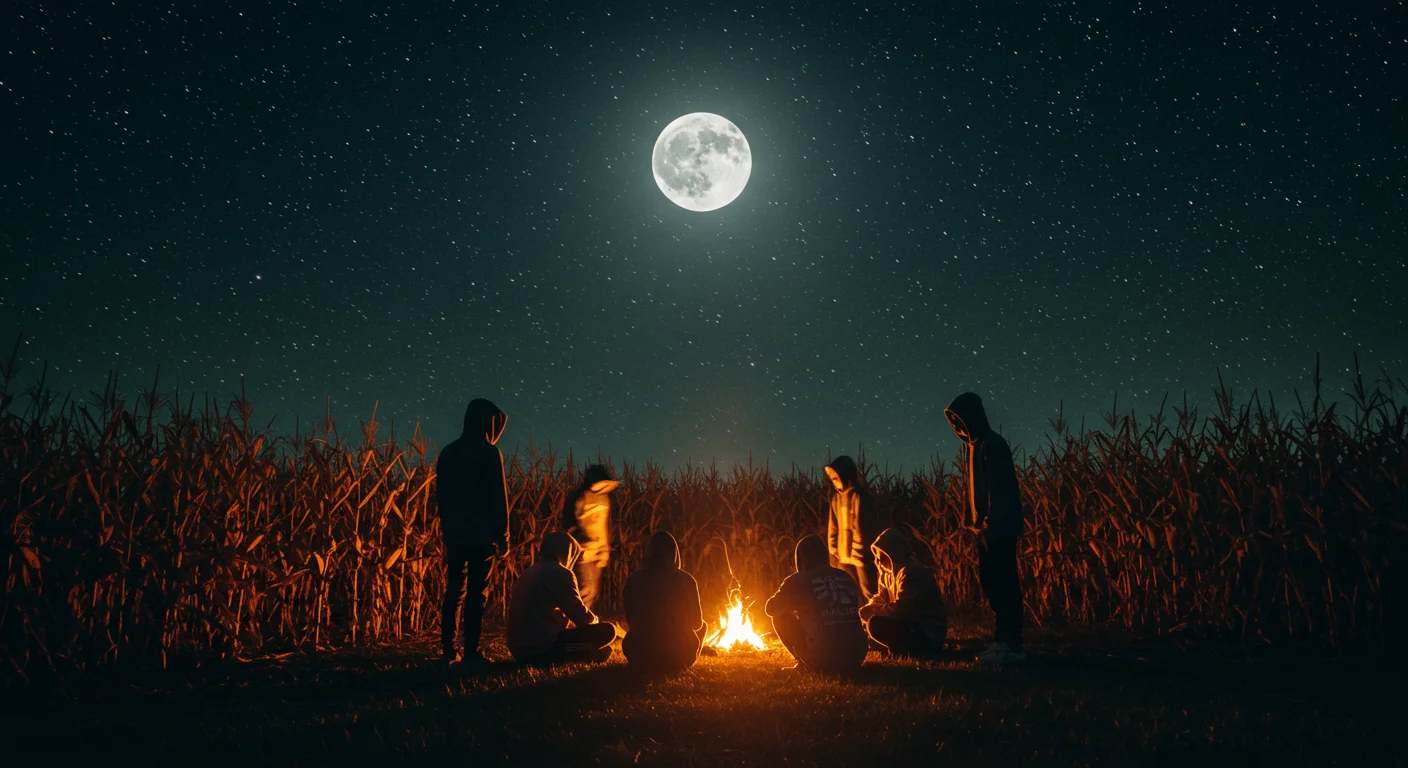 Group of friends gathered around campfire under full moon with cornfield at night