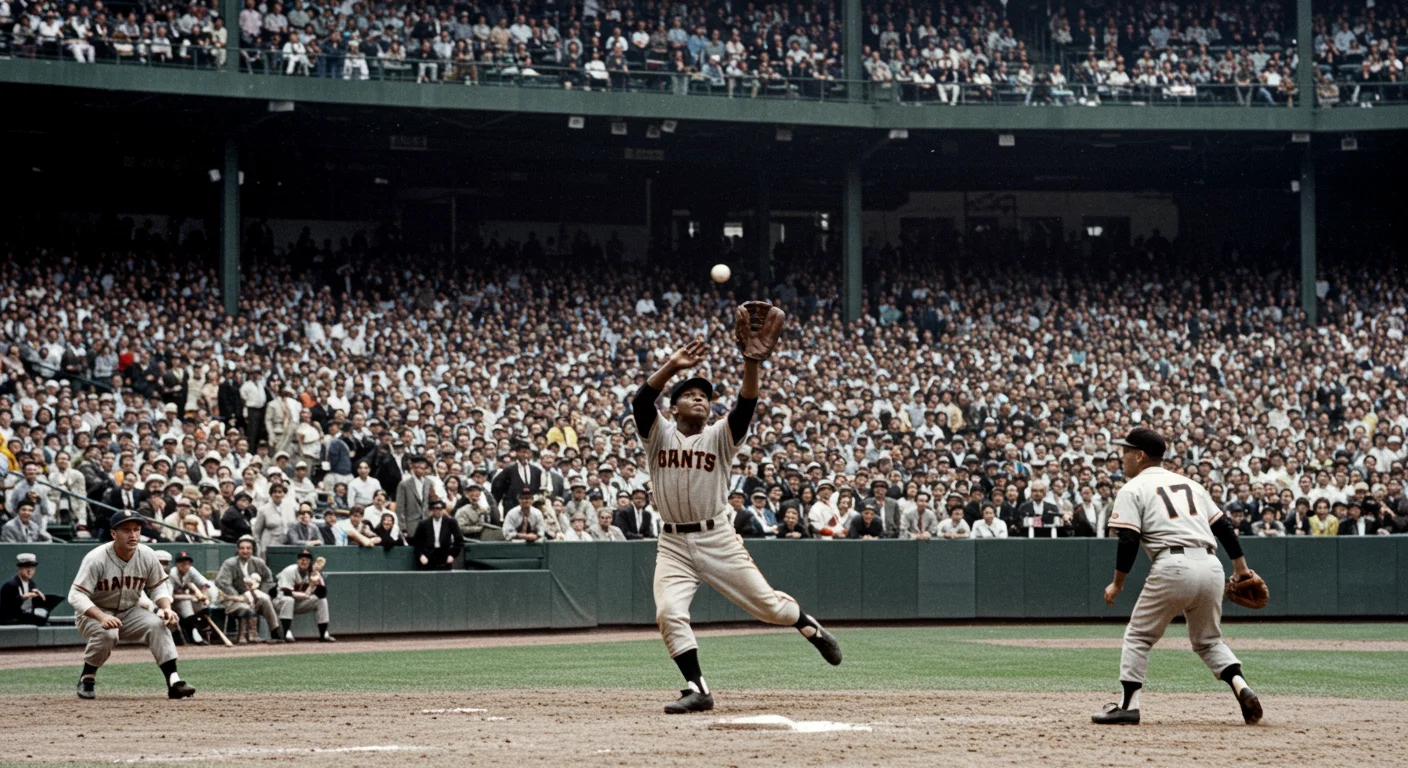 125+ Baseball Riddles with Answers for Fans of All Ages 8 Giants baseball player catching a fly ball in a packed vintage stadium