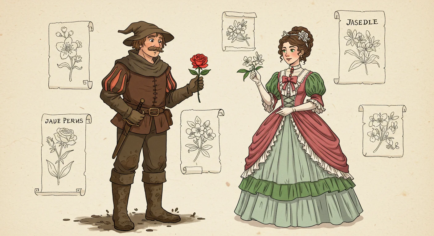 125+ Flower Riddles & Answers: Solved With Blooming Wisdom 2 Medieval-style illustration of a man and woman exchanging flowers with botanical drawings labeled in Latin around them