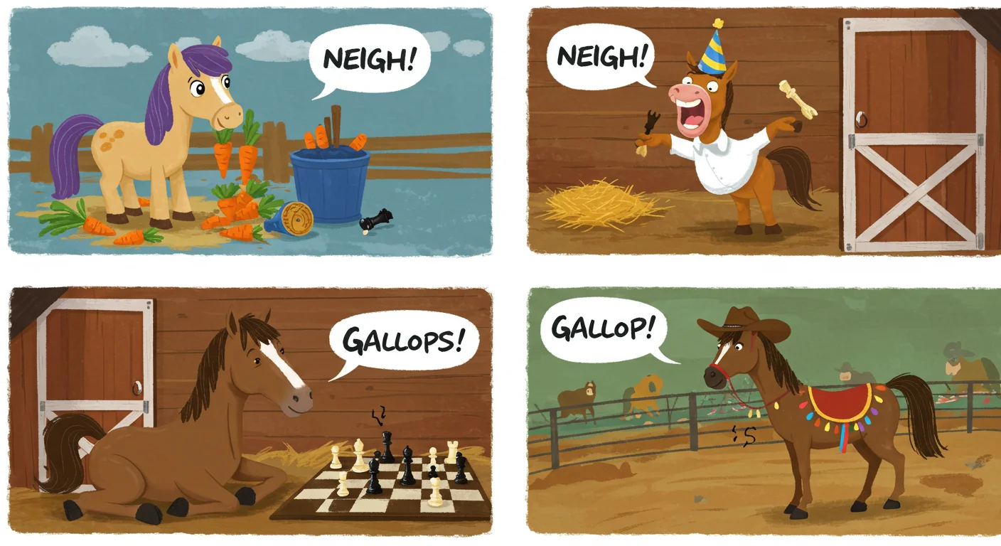 125+ Horse Riddles & Answers: Neigh-sayer Fun 2 Four-panel comic showing different cartoon horses saying "Neigh" and "Gallop" in various situations