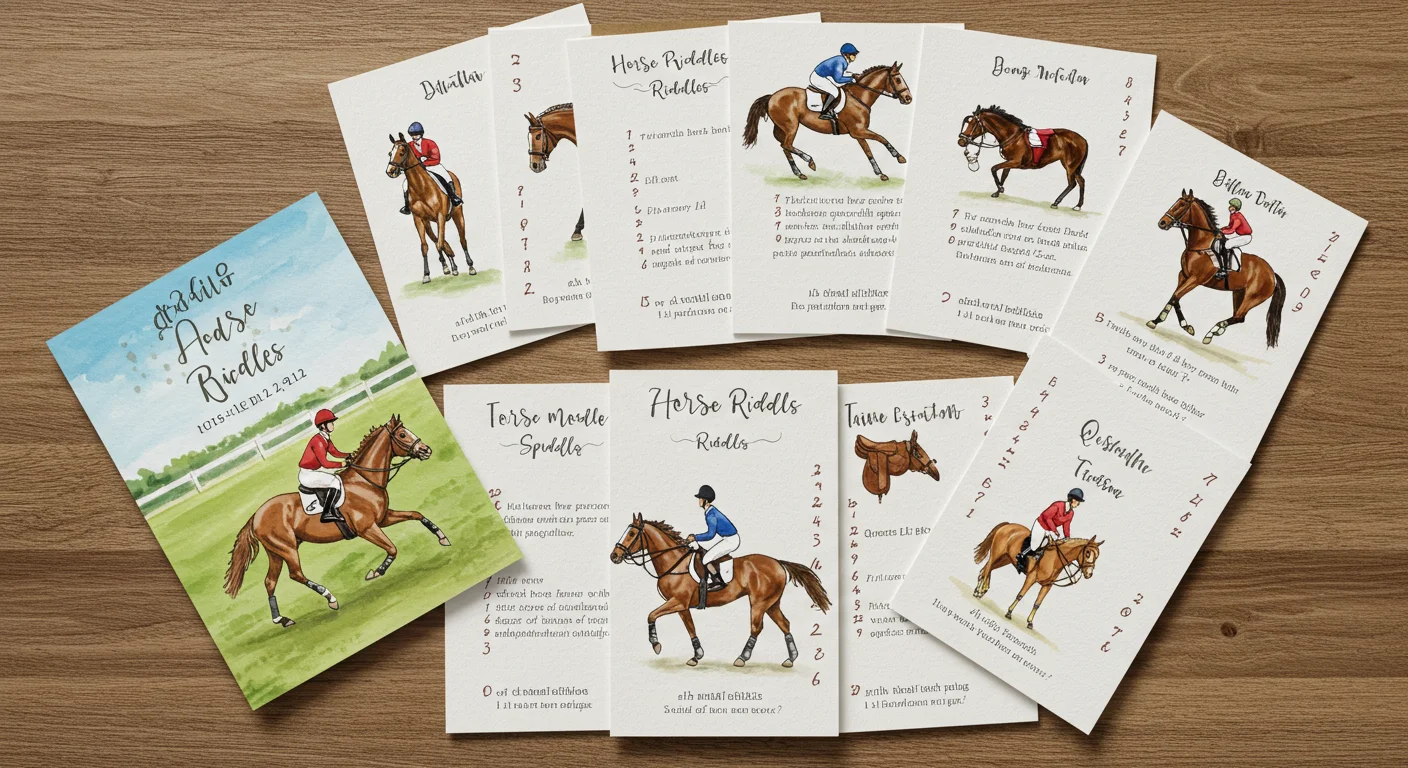 125+ Horse Riddles & Answers: Neigh-sayer Fun 5 Collection of illustrated horse riddles cards featuring different horse breeds with riders in various equestrian poses
