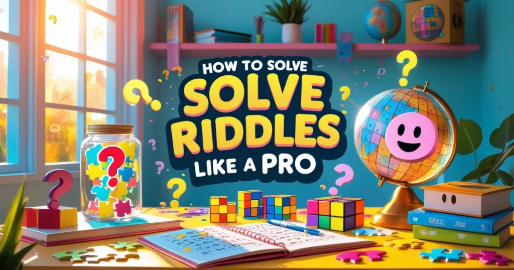 Colorful educational workspace with puzzle toys, Rubik's cubes, and "How to Solve Riddles Like a Pro" text against a teal wall background