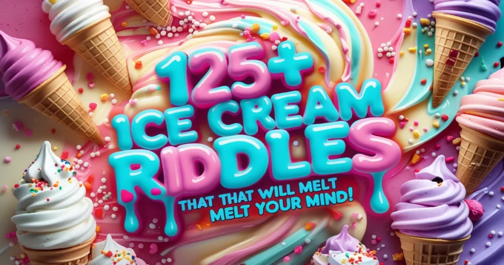 Colorful book cover featuring "125+ Ice Cream Riddles" with ice cream cones and sprinkles on a swirled pink and blue background