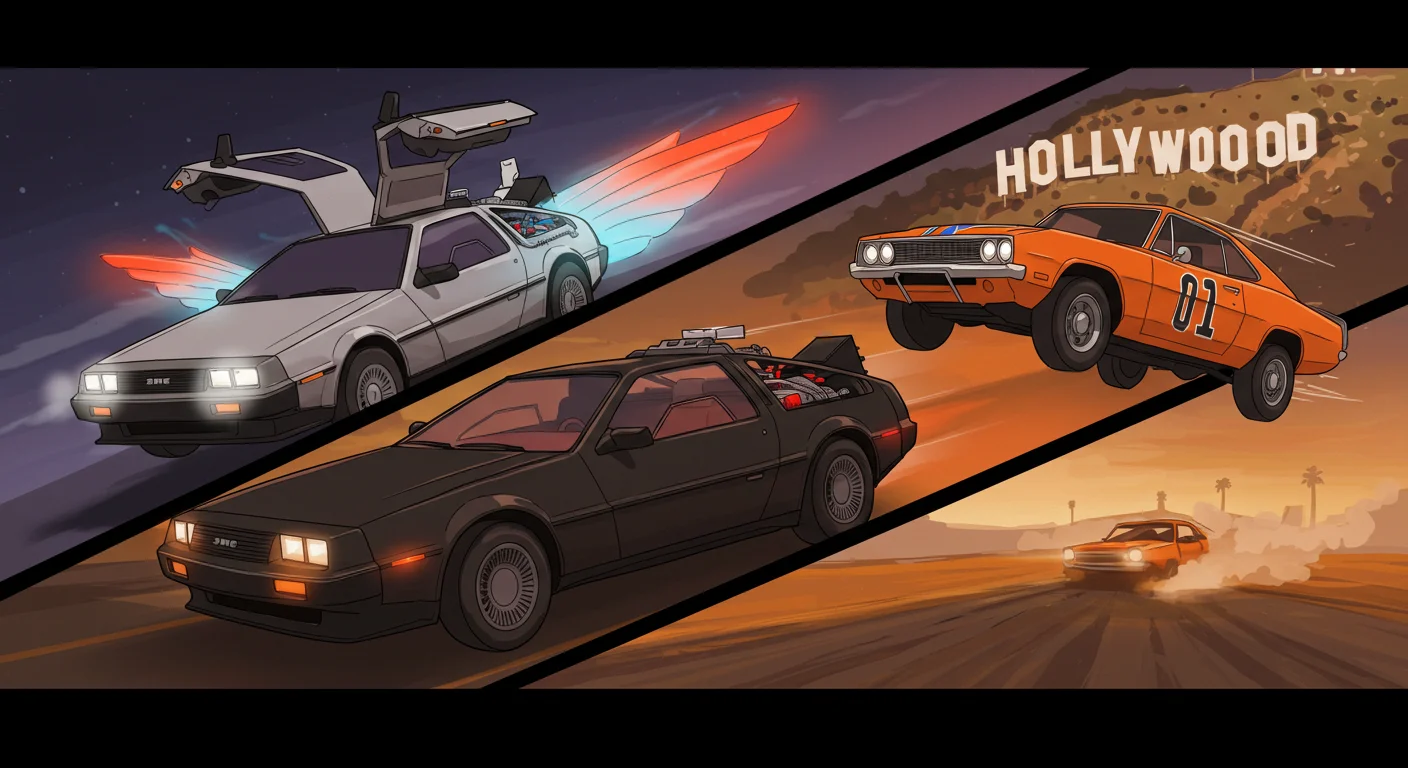 150+ Fun Car Riddles with Answers to Solve On the Go 12 Split-screen illustration of famous movie cars including DeLorean time machine and General Lee