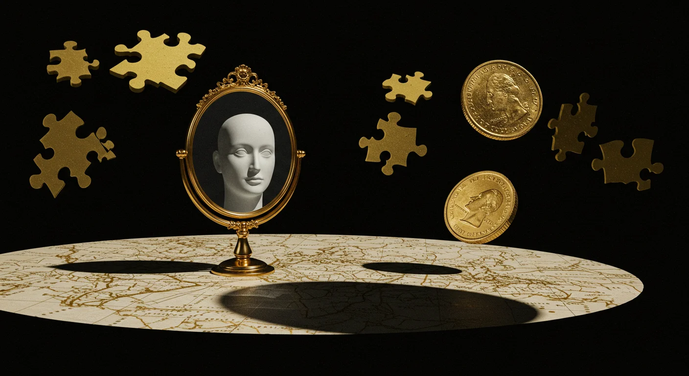 150+ Confusing Riddles and Answers to Stump Your Friends 10 Artistic still life with mannequin head in gold frame, coins, and puzzle pieces on a map surface