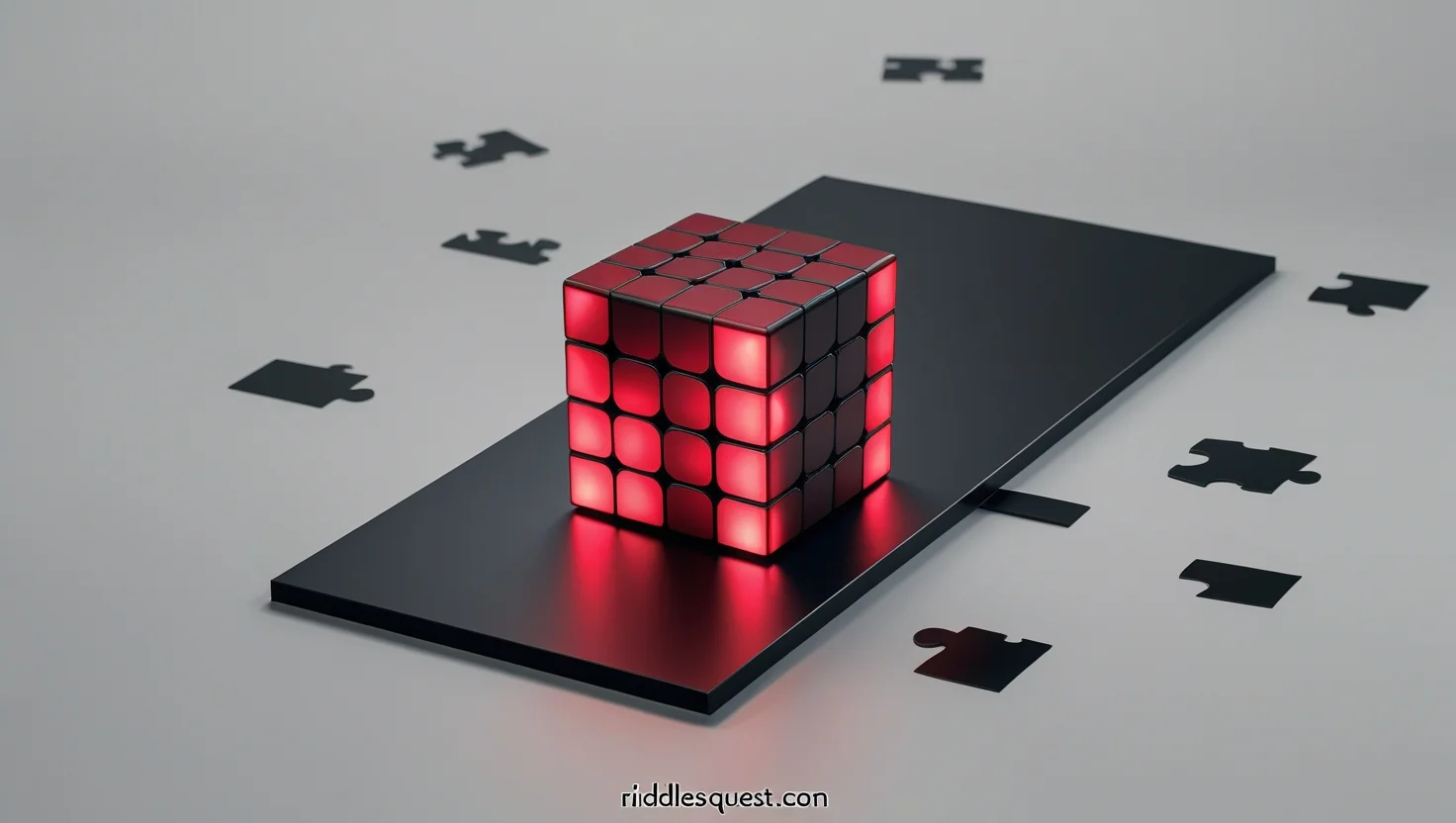 200+ Psychopath Riddles: Creepy Challenges with Answers 14 4x4 Rubik's cube with glowing red pattern sitting on a black surface surrounded by puzzle pieces