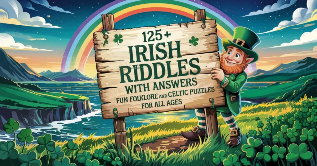 Cartoon leprechaun beside wooden sign advertising 125+ Irish riddles with answers against colorful Irish countryside with rainbow