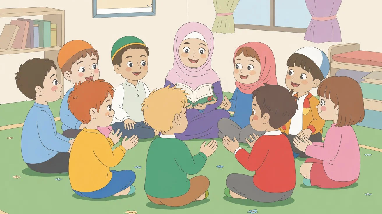 Group of diverse Muslim children sitting in a circle as a girl in hijab reads from a book
