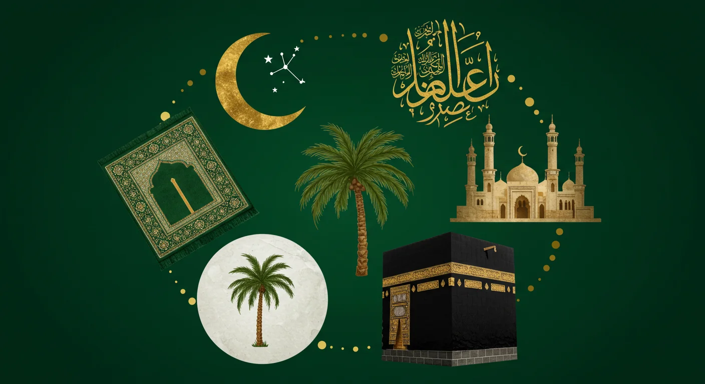 Islamic symbols collection on green background including Kaaba, mosque, prayer rug, Arabic calligraphy, and palm trees