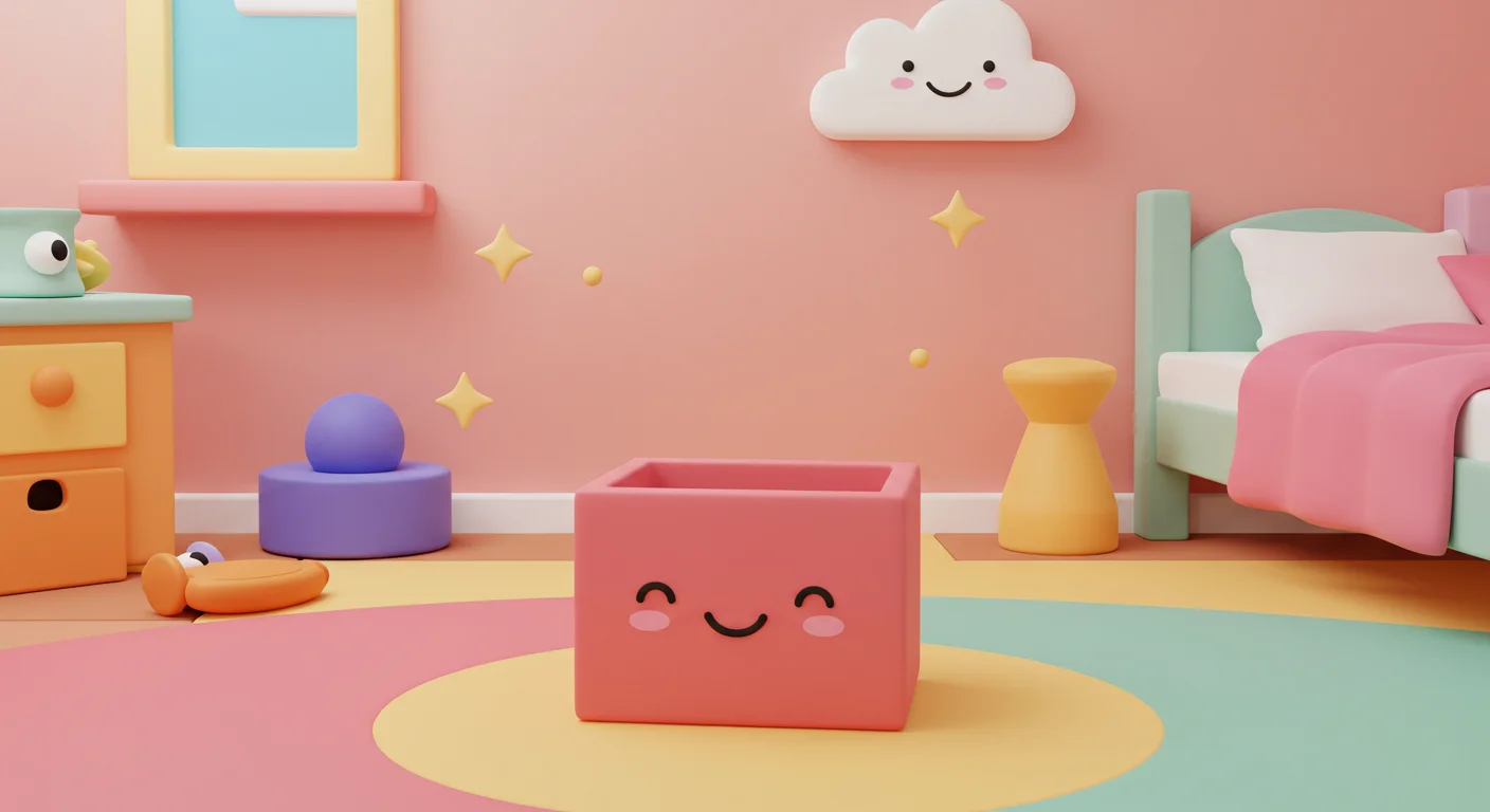 Colorful 3D-rendered children's bedroom with smiling furniture, pastel colors, and cute cloud decoration