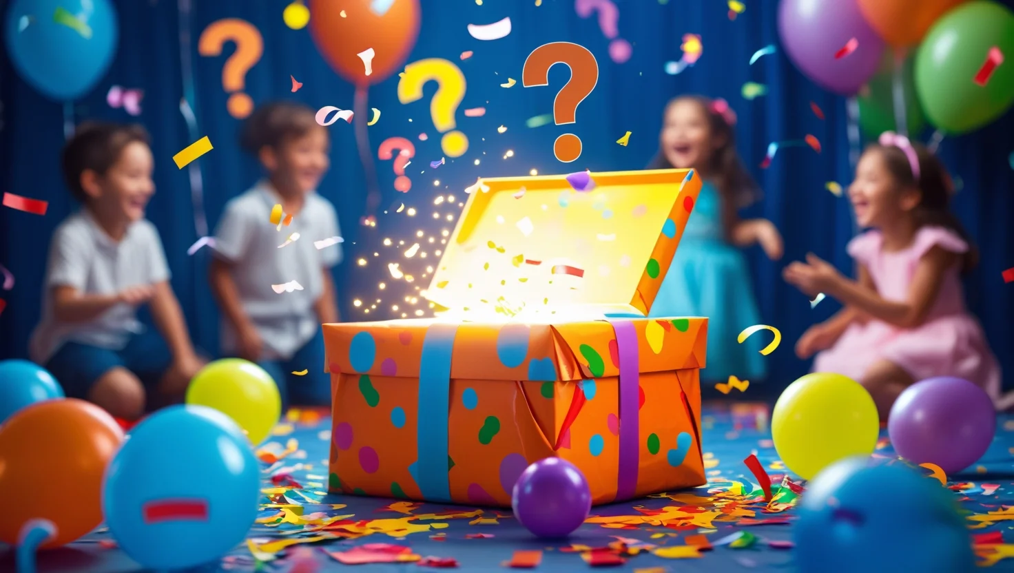 45 Creative Surprise Party Riddles and Ideas with Twist 2 Open colorful gift box emitting magical light with question marks, surrounded by confetti and balloons with excited children celebrating in the background.