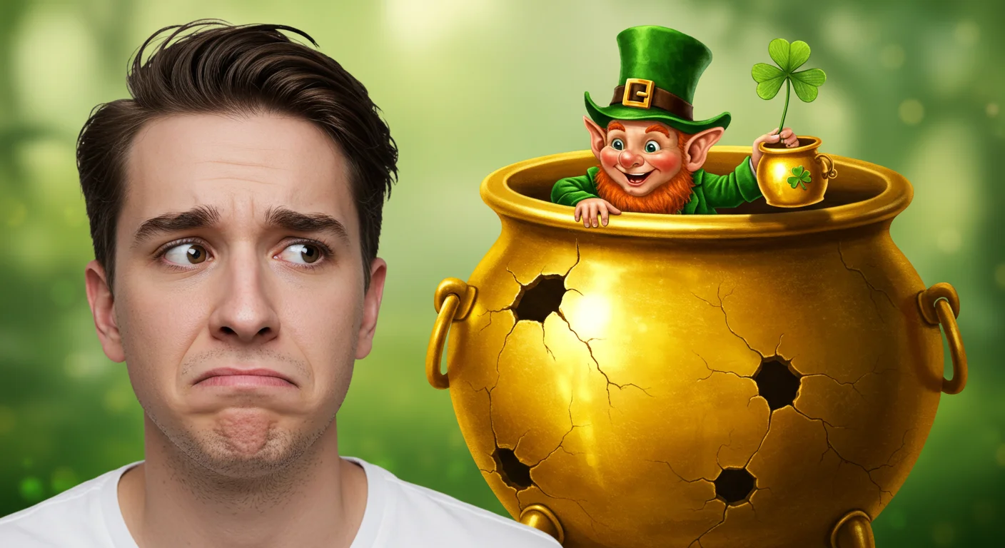 125+ St. Patrick's Day Riddles & Answers for a Fun Celebration 5 Man looking confused at leprechaun in cracked pot of gold