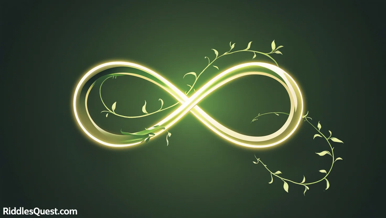 200+ Mysterious Riddles: Enigmatic Challenges with Answers 8 Glowing green infinity symbol with sprouting vines and leaves against emerald background