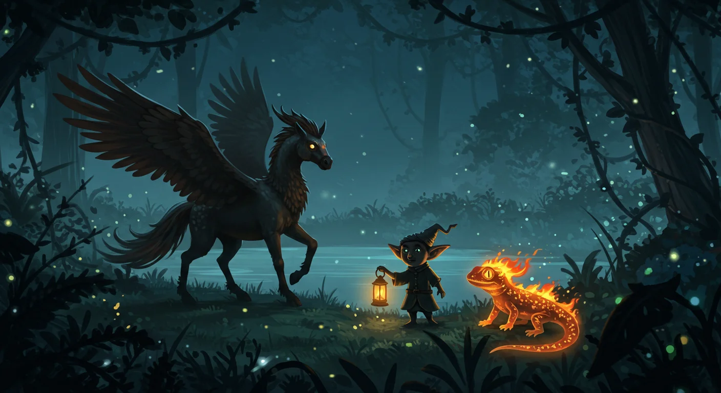 125+ Harry Potter Riddles to Challenge Every Wizarding Fan 2 Fantasy illustration of a small elf with magical companions - a black pegasus and a fire salamander in a misty forest