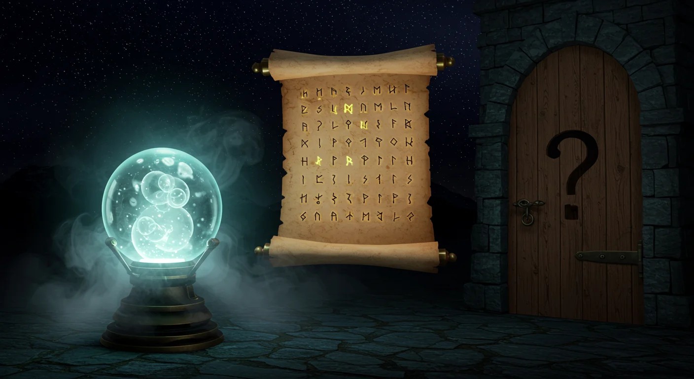 125+ Harry Potter Riddles to Challenge Every Wizarding Fan 10 Mystical scene with glowing crystal ball, ancient rune scroll, and wooden door with question mark