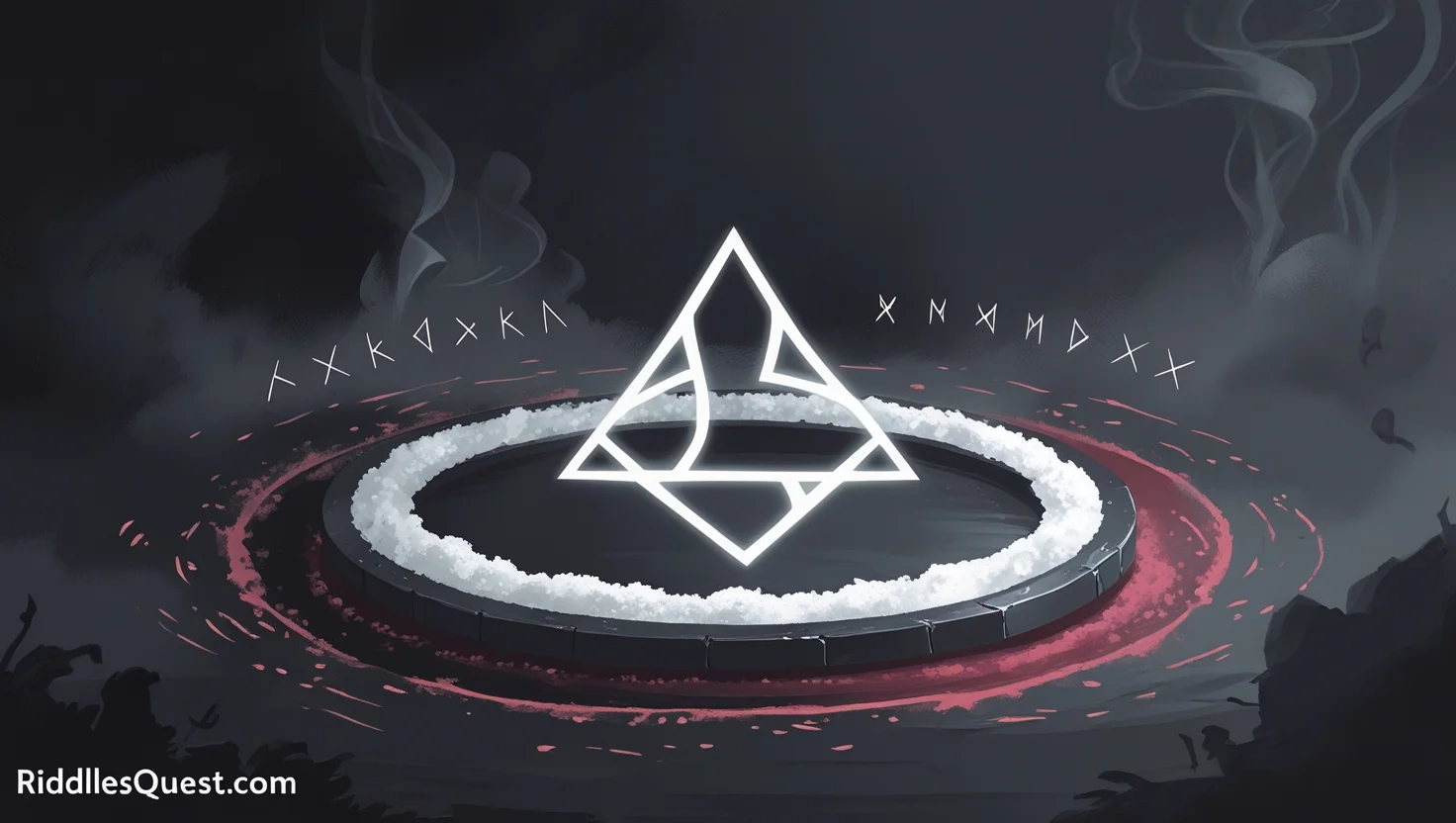 200+ Mysterious Riddles: Enigmatic Challenges with Answers 9 Mystical ritual circle with salt ring and glowing geometric triangle symbol surrounded by runic script