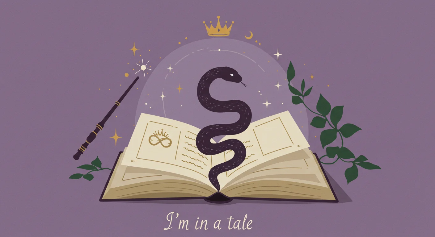 125+ Snake Riddles from Easy to Venomous (Answers Included!) 4 Mystical illustration of a black snake on an open spellbook with magical elements and text 'I'm in a tale