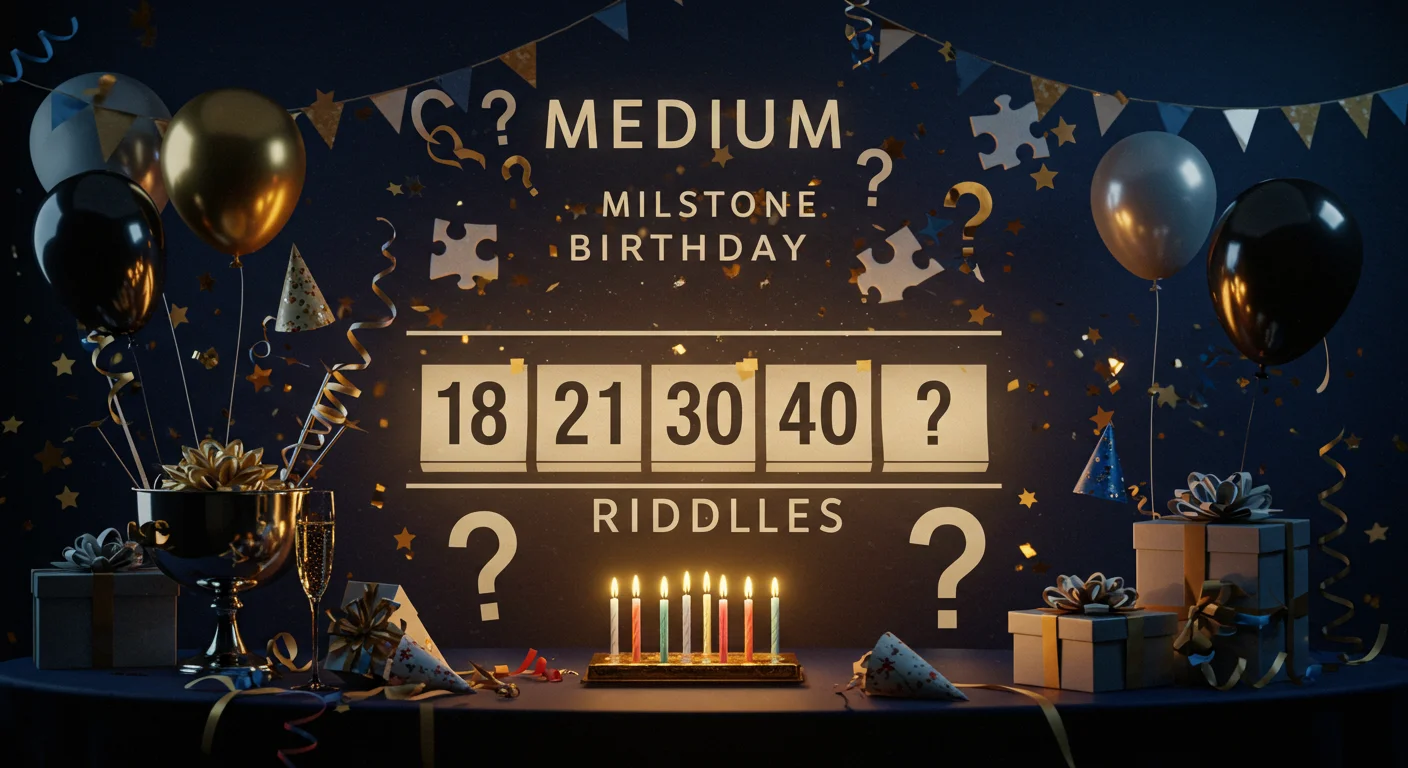 45 Milestone Birthday Riddles: Celebrating Life 2 Elegant birthday display with candles, balloons, and milestone ages 18, 21, 30, 40 against dark background
