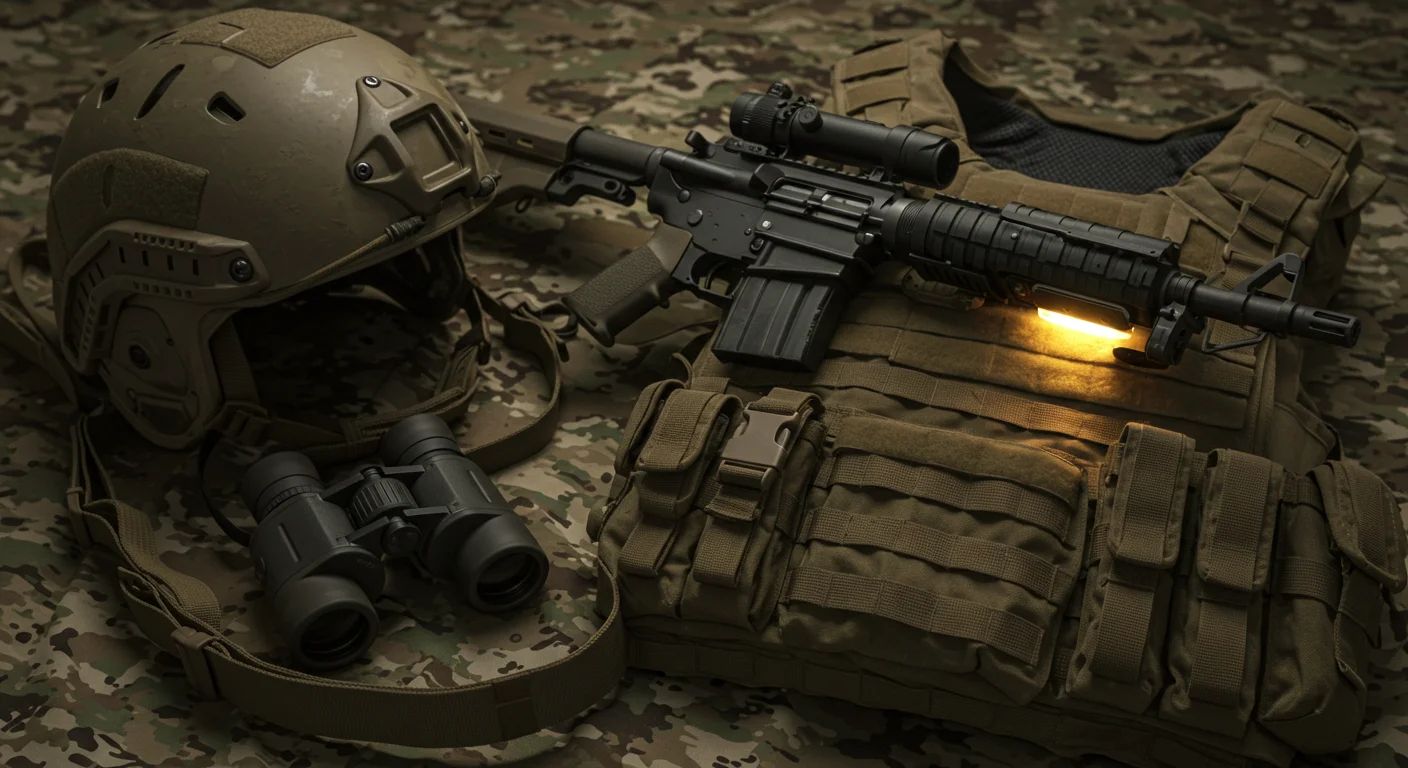 125+ Army Riddles with Answers to Challenge Your Mind 8 Combat gear layout with tactical helmet, assault rifle, body armor and binoculars