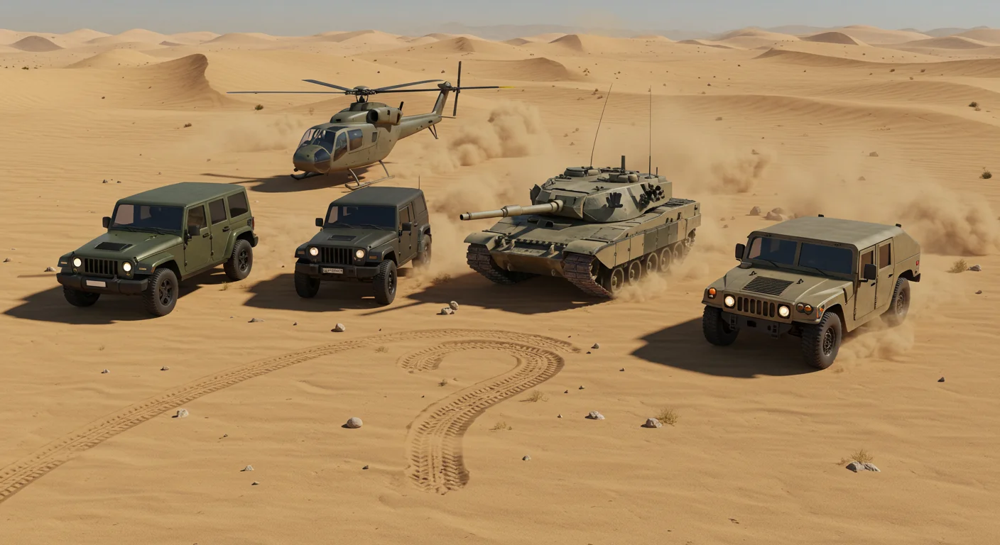 125+ Army Riddles with Answers to Challenge Your Mind 3 Military convoy with Humvees, tank and helicopter operating in desert terrain