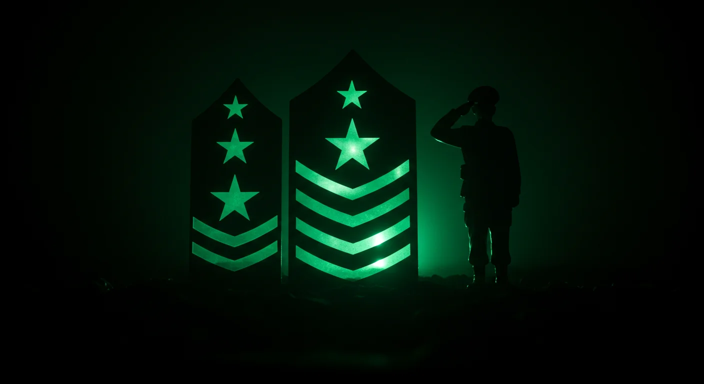 125+ Army Riddles with Answers to Challenge Your Mind 1 Military rank insignia with glowing green stars and chevrons alongside a saluting soldier silhouette