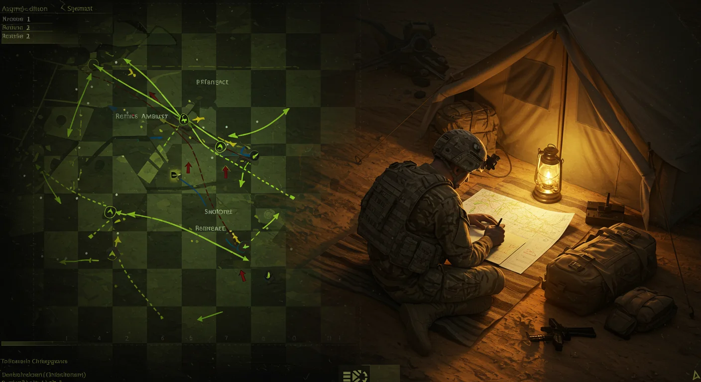 125+ Army Riddles with Answers to Challenge Your Mind 7 Split image of tactical operation map and soldier planning by lantern light in tent
Title: Field Command Planning Operations