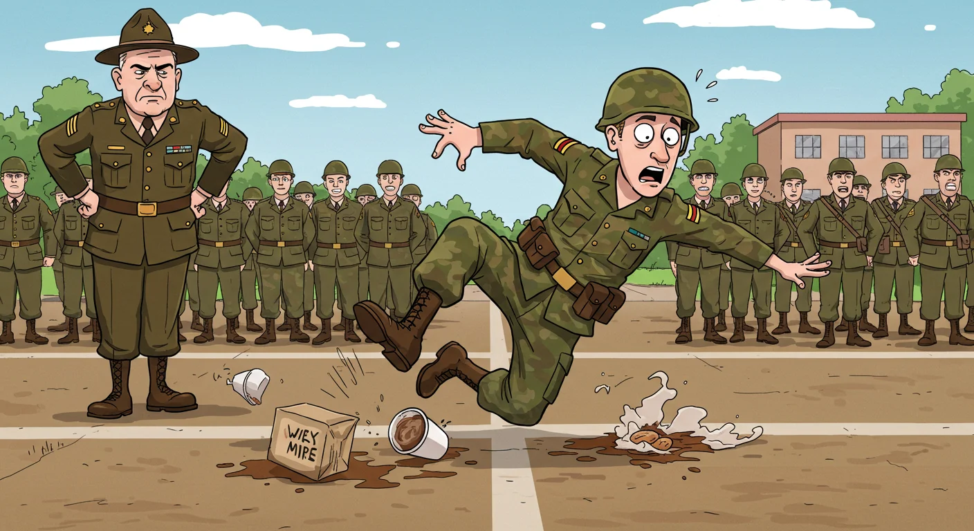 125+ Army Riddles with Answers to Challenge Your Mind 9 Cartoon of a military recruit spilling coffee during drill training