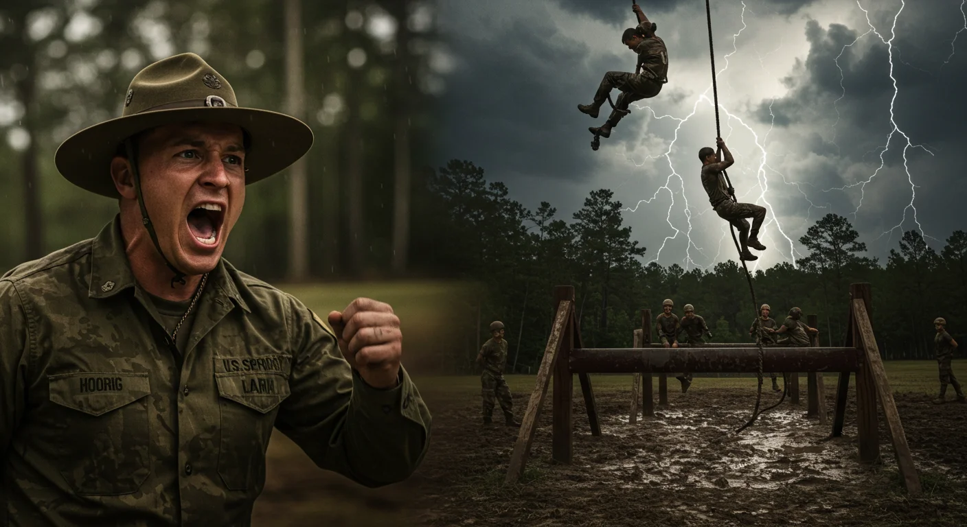 125+ Army Riddles with Answers to Challenge Your Mind 5 Military drill instructor shouting encouragement as soldiers climb ropes during stormy training
