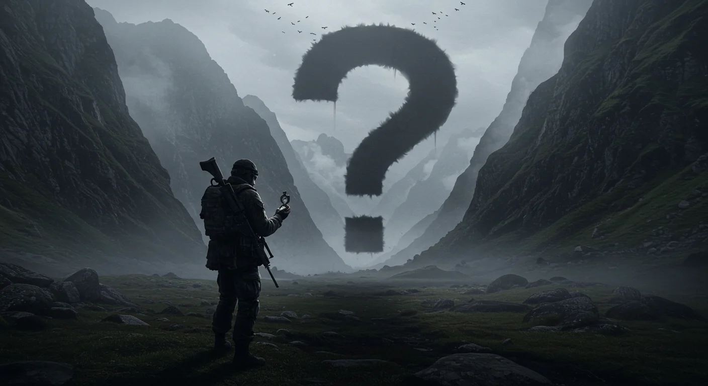 125+ Army Riddles with Answers to Challenge Your Mind 11 Silhouette of soldier facing giant question mark in mountain valley