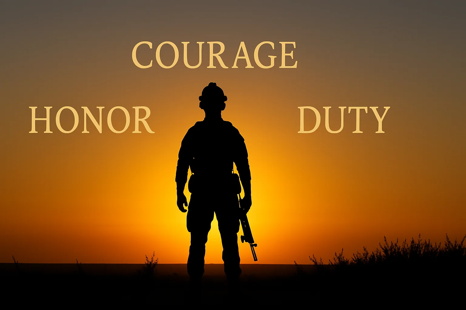 125+ Army Riddles with Answers to Challenge Your Mind 2 Soldier silhouette at sunset with the words Honor, Courage, and Duty